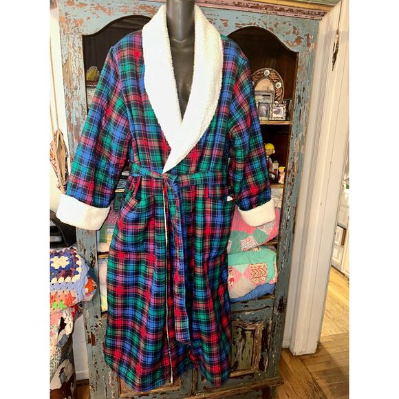 LANDS END COTTON PLAID SHEARLING SHERPA LINED ROBE 1X SUPER COZY! - Picture 1 of 9